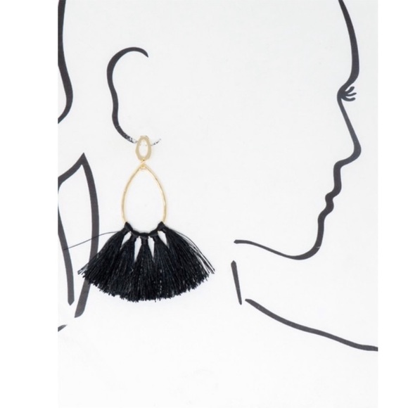 Black Teardrop Hammered Gold Hoop Tassel Earrings - Picture 3 of 3